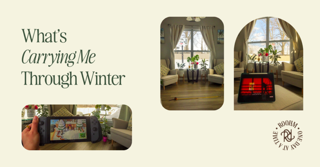 graphic of blog title, plain background with three images + title "what's carrying me through winter" as well as a roohm logo in the bottom right corner