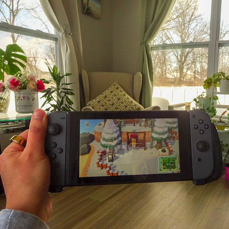 hand holding a nintendo switch with 'animal crossing' on screen in a sunroom setting