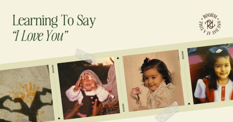 film strip of old childhood photos with "learning to say 'i love you'" title and roohm logo across the top