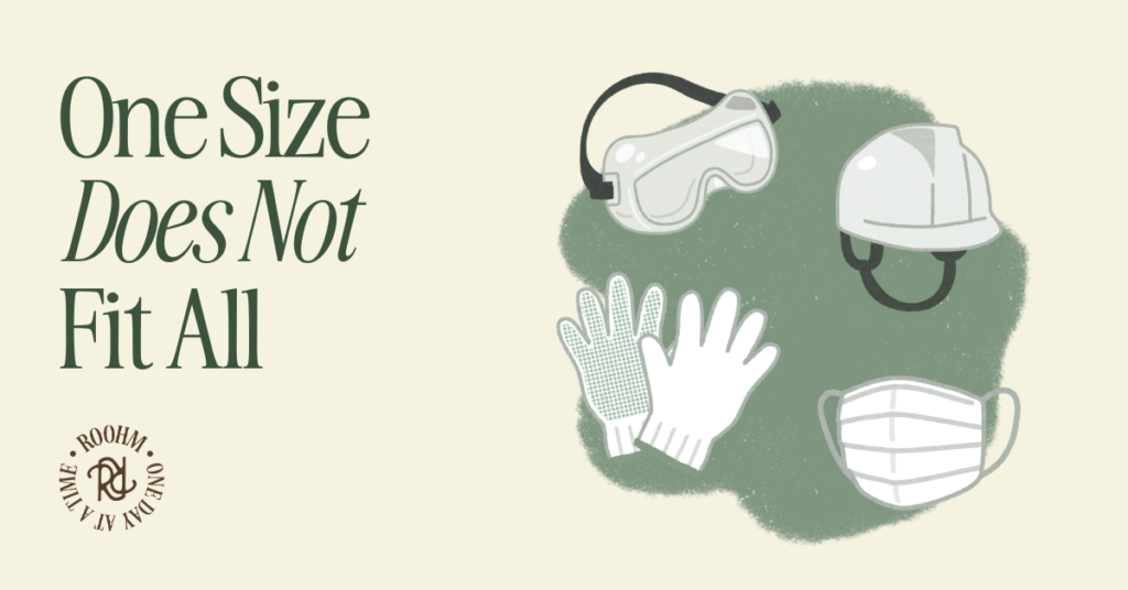 section image that reads "one size does not fit all" with images of PPE next to it